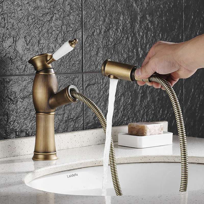 Vidric Pull Out Bathroom Sink Faucet Black Crane Tap Hot and Cold Water Mixer Oil Rubble Bronze Deck Mounted Bath Faucet ELF9095