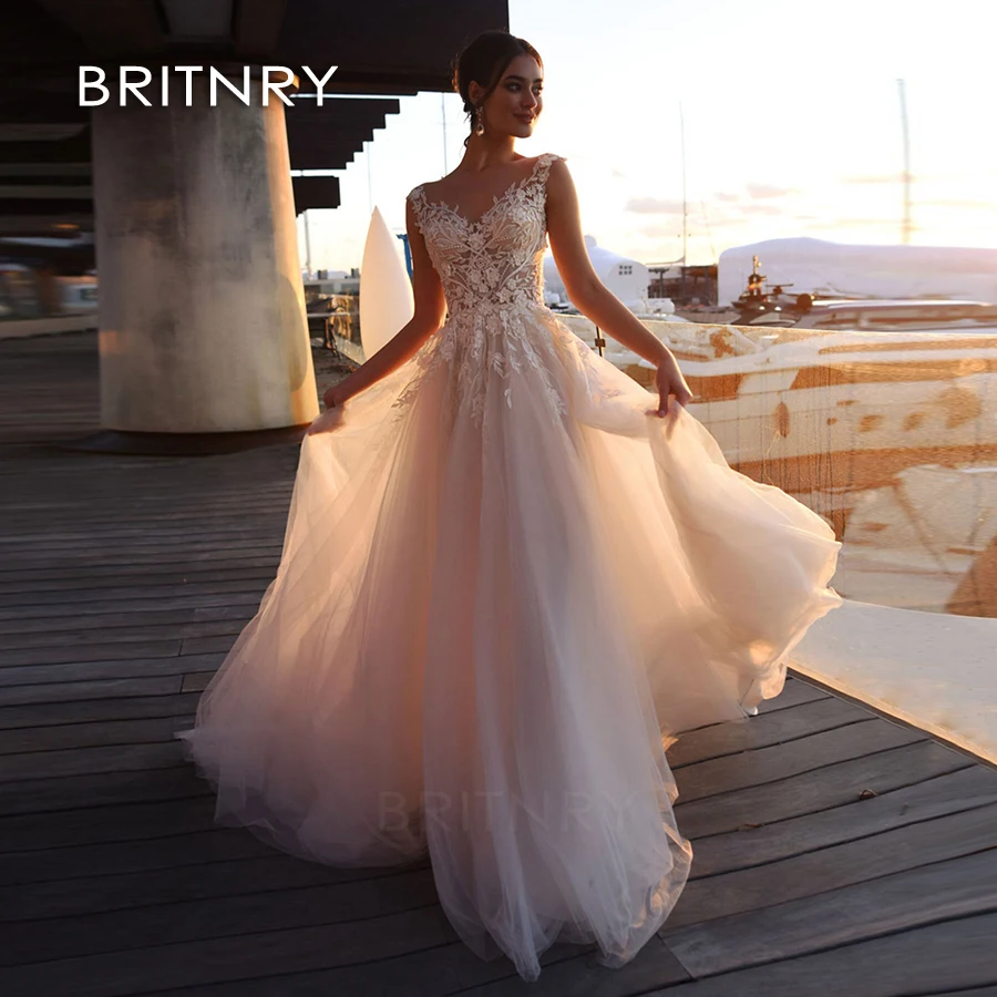 BRITNRY Sexy illusion Wedding Dress 2020 Beach Bridal Gowns For Party Sheer Neck Affordable Lace Robe De Marriage Long | Свадьбы и
