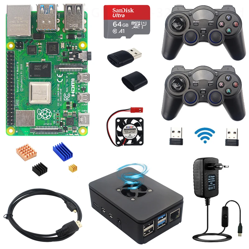 Game-Kit Case Power-Supply Sd-Card Raspberry Pi 4-Model Wireless Switch Fan Video-Cable