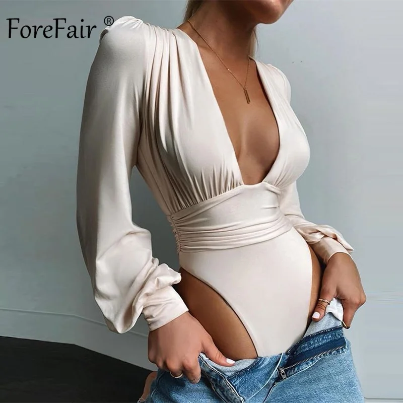Forefair сексуальное боди с оборками Женское глубоким вырезом длинным рукавом