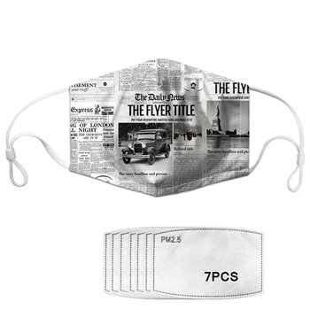 

Drop Shipping 2020 Mask With 7 Filters Stylish Newspaper Print Women Dustproof Elastic Mouth Cover Face Girl Windproof Masks