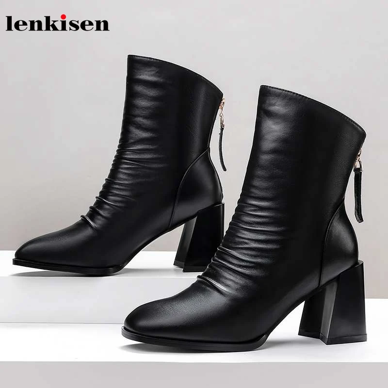 

Lenkisen brand elegant pleated genuine leather round toe high heels zipper solid simple winter keep warm women ankle boots L1f5