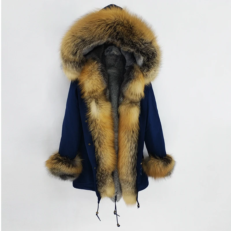 Real rabbit fur lining Parka Large warm fox fur Hooded Outwear Winter Jacket Luxurious real fur coat New Fashion Woman coat