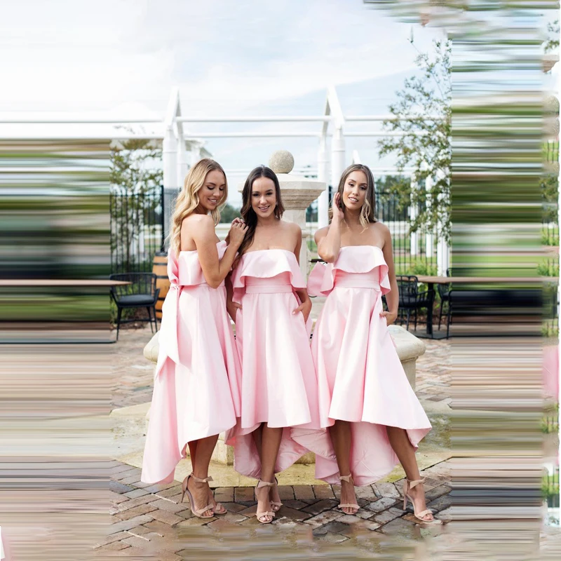 

Beautiful Pink Bridesmaid Dresses High Low Big Knot Back Off The Shoulder Boat Neck Maid Of Honor Party Dresses