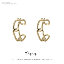 Yhpup 2020 パーソナリティシックチェーン幾何中空フープスタッドピアス黄金銅 14 18k金属イヤリング女性のためのオフィスジュエリー(China)