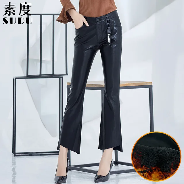 black pants ; маленькие стильные бархатные теплые брюки из искусственной кожи; женские осенние Красивые кожаные черные брюки-клеш для девочек; F386 - Цвет: black pants