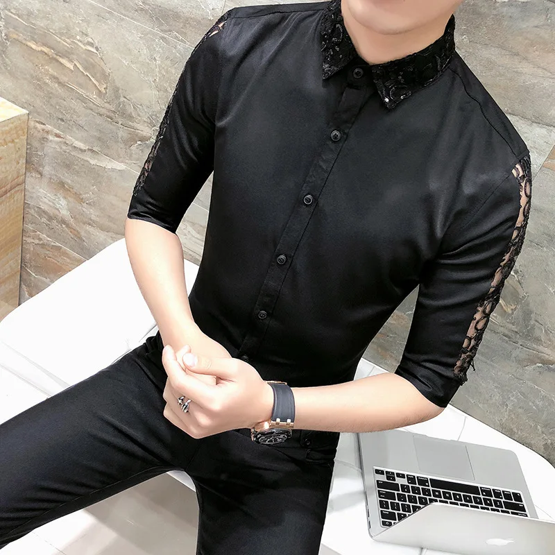 Кружевная Мужская рубашка Camisa Masculina, дизайнерская повседневная одежда, приталенная Мужская рубашка с рукавом до локтя, Nigth Club Social, уличная одежда, рубашки