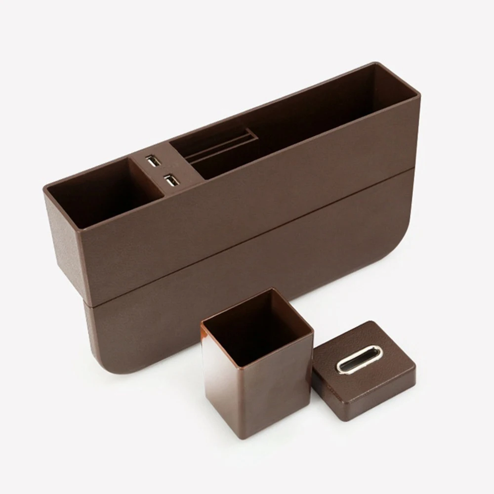 Двойной USB автомобильный ящик для хранения, авто ящик для хранения, держатель для напитков, высокая емкость, ящик для хранения для домашней организации - Название цвета: Dark brown