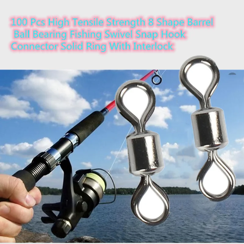 

100 Pcs Stainless Steel Strength 8 Shape Barrel Ball Bearing Fishing Swivel Snap Hook Connector Solid Ring Fishing Tackle