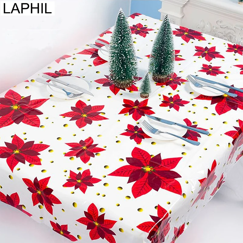 

LAPHIL 110x180cm Poinsettia Flower Tablecloth Deer Snowman Table Runner Merry Christmas Decorations for Home New Year Decoration