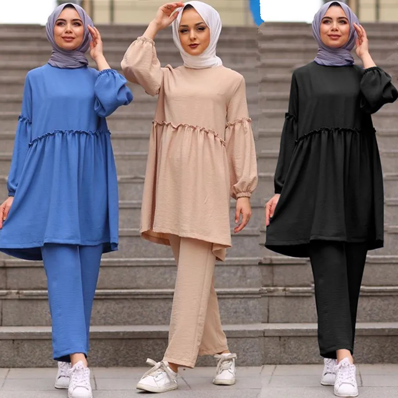 Muslim Ramadan Two Piece Set Women Sets Arab Turkey Islam Solid Tops and Long Pant Islamic Clothing Abaya Musulman Ensembles |