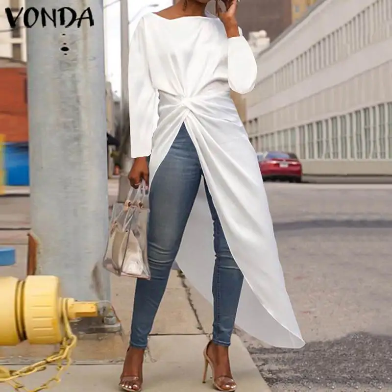 

VONDA Women's Tunic Irregular Hem Blouses Solid Color Long Sleeve Cocktail Party Long Shirts Plus Size Vestidos Femme Tops 5XL