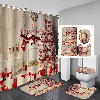 

Christmas Tree Fireplace Print Shower Curtain Wall Hanging Background Cloth Decor Polyester Christmas Home Room Wall Decoration