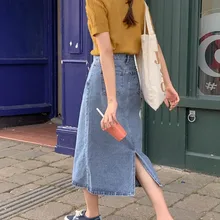 Весенне-осенняя Женская юбка повседневные корейские юбки джинсовые с разрезом женские модные юбки новые минимализм прямые джинсы юбка