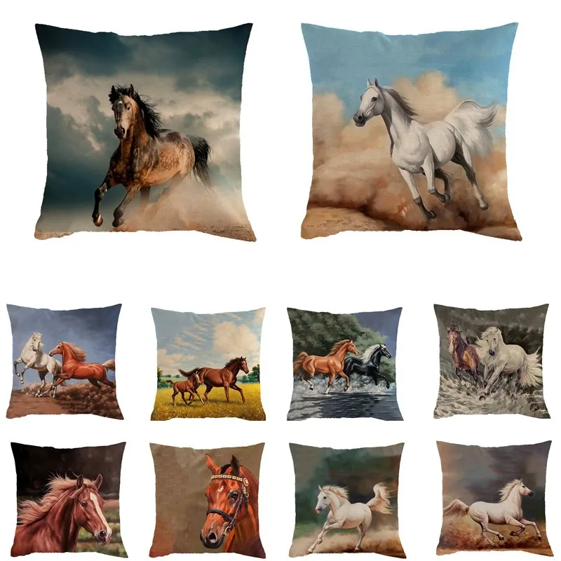 

Hand Painted Horse Print Cushion Set 45*45cm Cushion Cover Linen Throw Pillow Car Home Decoration Decorative Pillowcase