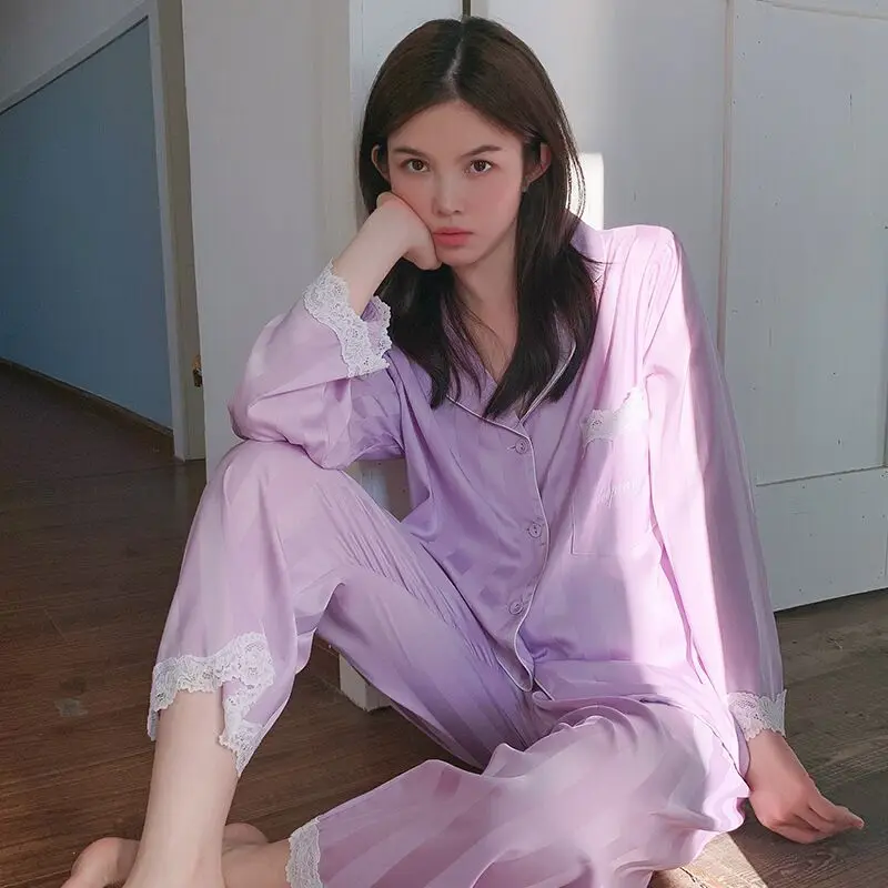

2020 Women Pajama Sets Silk Satin Pijama Turn-down Collar Sleepwear Lady Long Sleeve Lace Nightwear Femme 2 Pieces Homewear