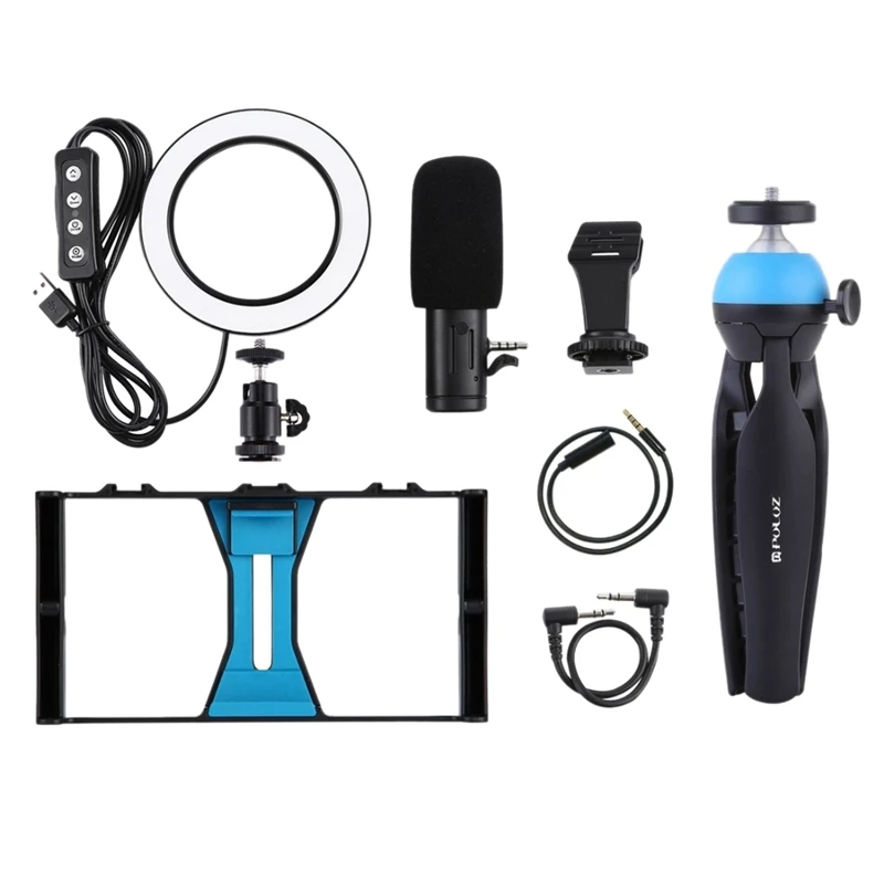 

Puluz 4 In 1 Vlogging Live Broadcast Smartphone Video Rig +4.6 Inch Ring Led Video Light & Microphone+Tripod Mount+Tripod Head