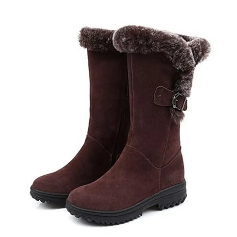 brown New Winter Fashion Boots Scrub Cowhide Rabbit Fur Women Snow Boots Flat Wedges Non-slip In-tube Boot Women Leather Shoes Boots - Цвет: brown