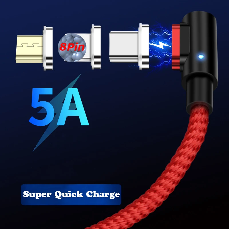 5А Магнитный USB кабель супер быстрая зарядка C Micro провод 90 градусов телефон магнит