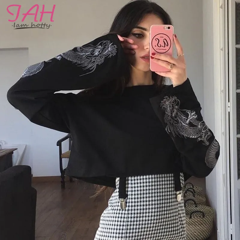 

IAMHOTTY Dragon Print Gothic Crop Hoodies Sweatshirts Lace-Up Oversized Pullovers Black Hoodie Women Autumn Streetwear Bts-Kpop