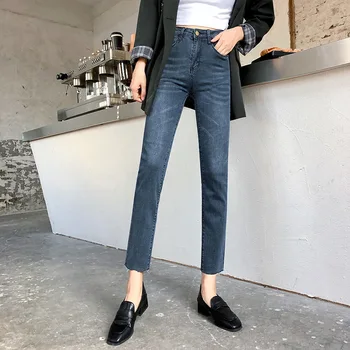 

Smoke Gray Jeans Female Streetwear Ankle Length Straight Pants Retro Washed Frayed High Waist Loose Denim Pants