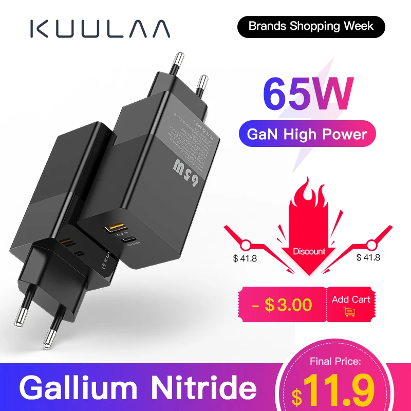 KUULAA – Chargeur rapide USB Type-C, 65W GaN, PD/QC 3.0/4.0, pour téléphone, ordinateur portable et tablette, iPhone/Xiaomi