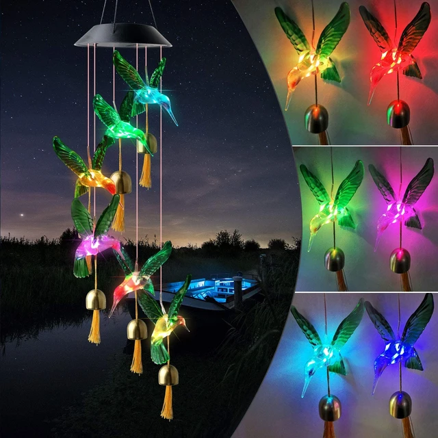 Solar Light Power Wind Chime Crystal Hummingbird Butterfly Waterproof  Outdoor Windchime Light for Patio Yard Garden