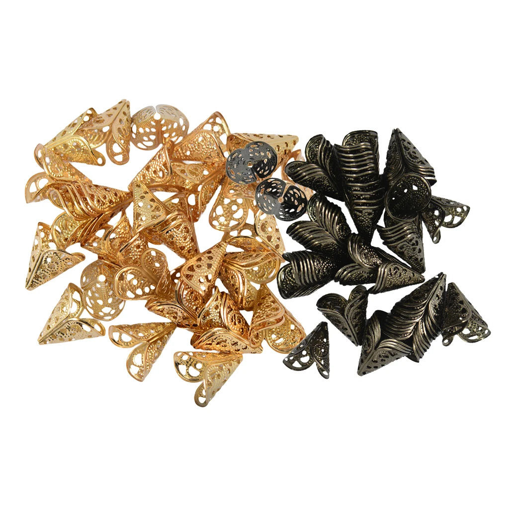 100 Pieces 16mm Filigree Cone Flower Cap For Beads Tassel DIY Craft Gold and Black