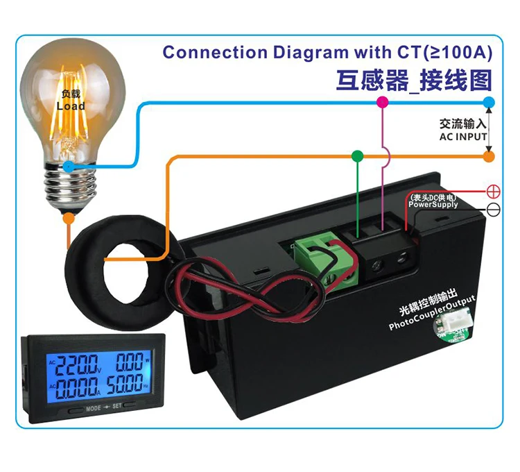 AC 0-500V Digital Voltmeter Ammeter 0-20A 100A 200A 500A 1000A Voltage Current Wattmeter Energy Frequency Power Meter DC8-18V