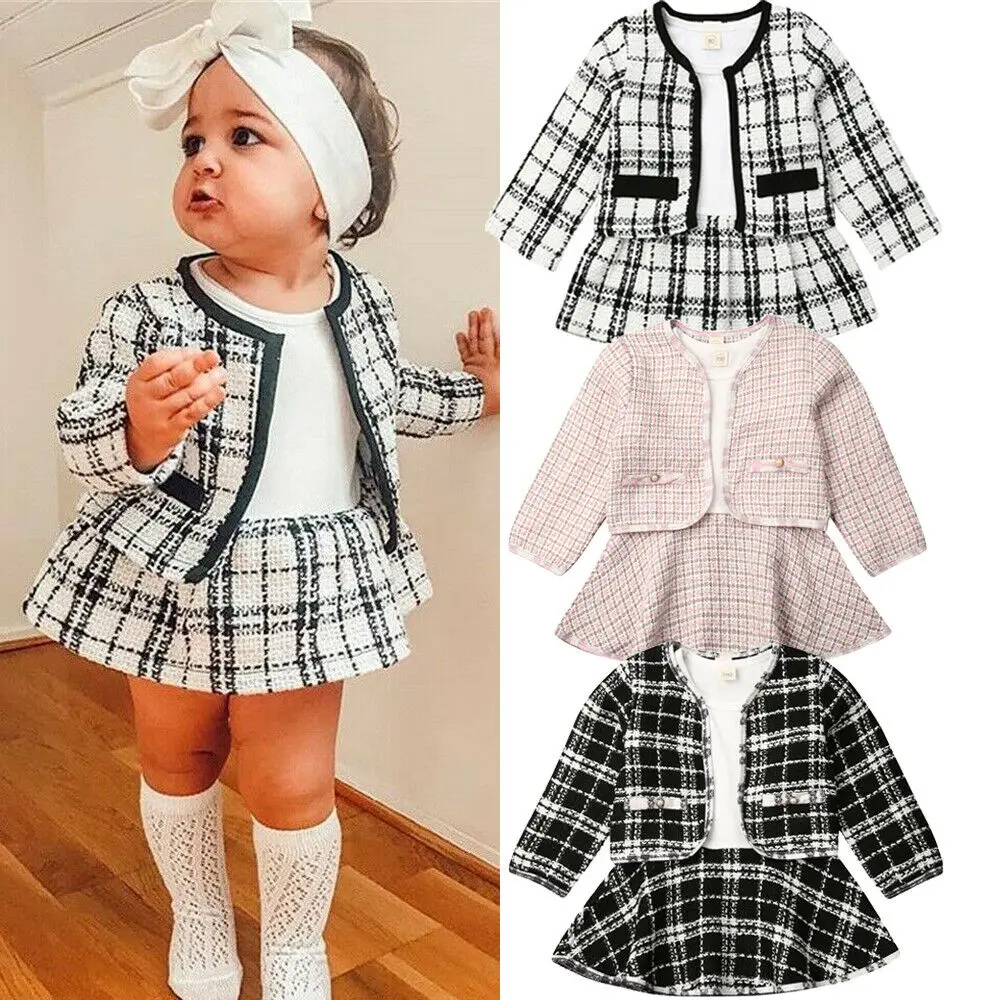 Г., осенний комплект одежды для маленьких девочек от 1 до 6 лет, пальто в клетку с длинными рукавами Топы+ мини-платье теплая одежда из 2 предметов