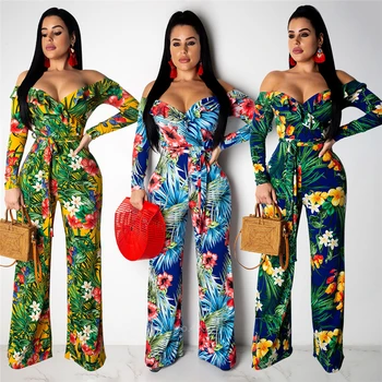 

New Fashion African Clothes for Women Lotus Leaf Flower Print Jumpsuit Lady Sexy Bandage Dress Dashiki Style Party Costume Robe
