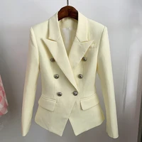 HIGH STREET Newest 2024 Classic Designer Blazer Women's Lion Buttons Double Breasted Slim Fit Textured Blazer Pastel yellow 1