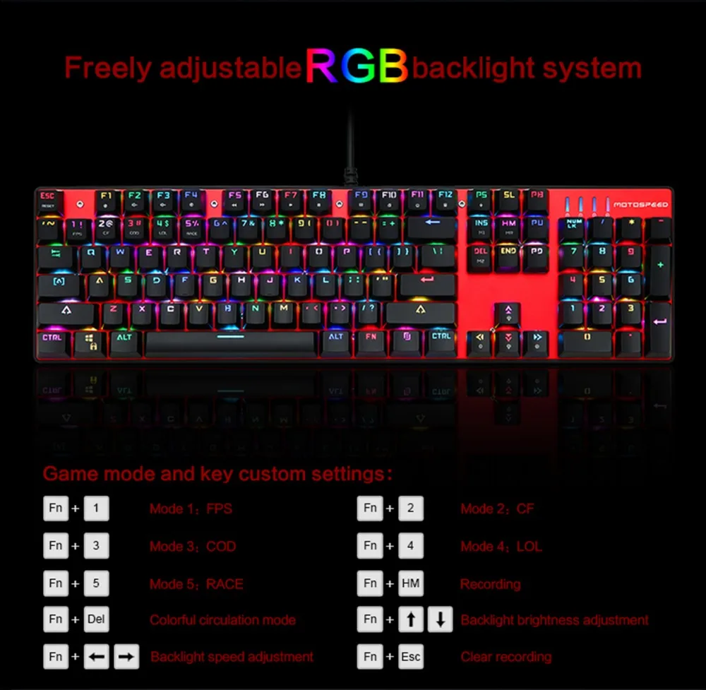 Motospeed CK104 Gaming Mechanical Keyboard 104keys Russian English Red Switch Blue Metal Wired LED Backlit RGB Tablet Desktop