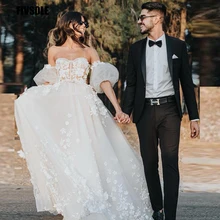 

Fivsole Elegant Appliques Lace Sweetheart A-Line Wedding Dress Illusion Silky Tulle Puff Sleeves Bridal Gowns Vestidos De Novia