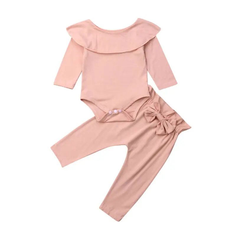 

Spring Autumn 2PCS Kids Baby Boy Girls Long Sleeve Solid Color Ruffles T-shirt Tops +Pants Outfits Set Clothes