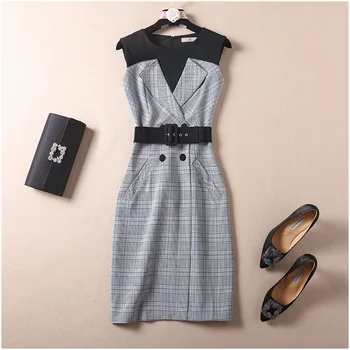 

British England style women plaid dress new 2019 autumn OL office lady patchwork blet plus size dresses XXL black khaki