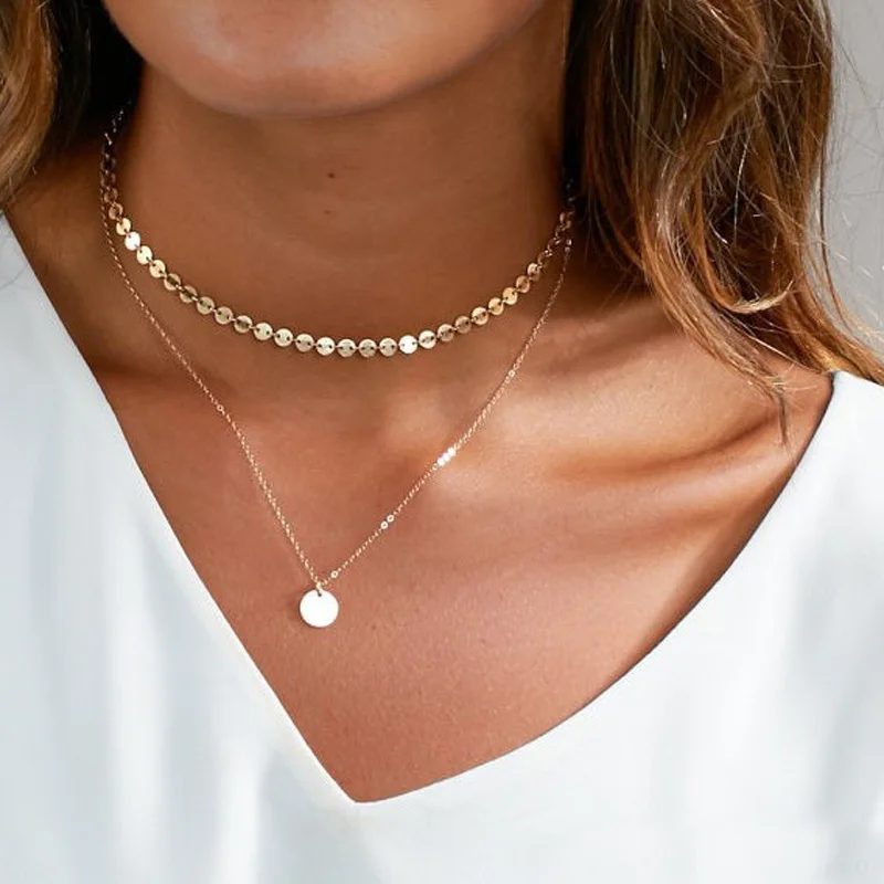 Двухслойное золотое ожерелье-монета с блестками, изящный круглый чокер, ожерелье для женщин, ожерелье, подвеска на шею, ювелирное изделие