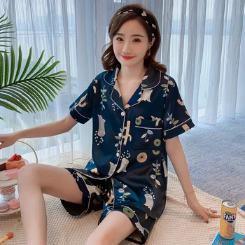 

2020 Satin Summer Women Faux Silk Pajamas Set Simple Printing Leisure Nightwear Short Sleeves Plus Sleepwear Set 3XL 4XL 5XL