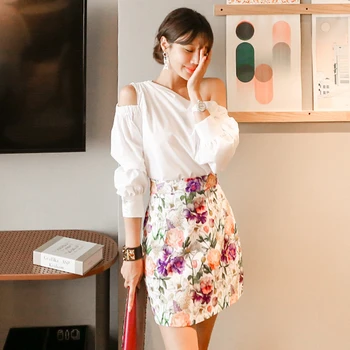 

Foamlina Women's Two Pieces Set Sexy Slash Neck Cold Shoulder Long Sleeve Shirt + Floral Print High Waist Mini Pencil Skirt Suit