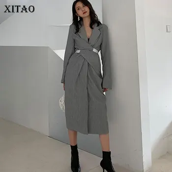 

XITAO Korean Gray Dress Temperament Design Pleated Slim Waist Pleated Women Clothes 2020 Summer Fashion Elegant Dress ZP1063