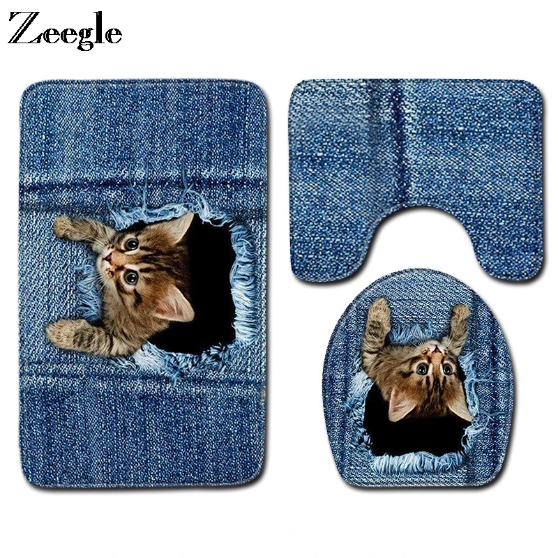 Zeegle Animal Bathroom Mat Set Anti Slip Toilet Pedestal Rug Foot Mat Absorbent Toilet Seat Cover Mat Washable 3pcs Bath Mat Set