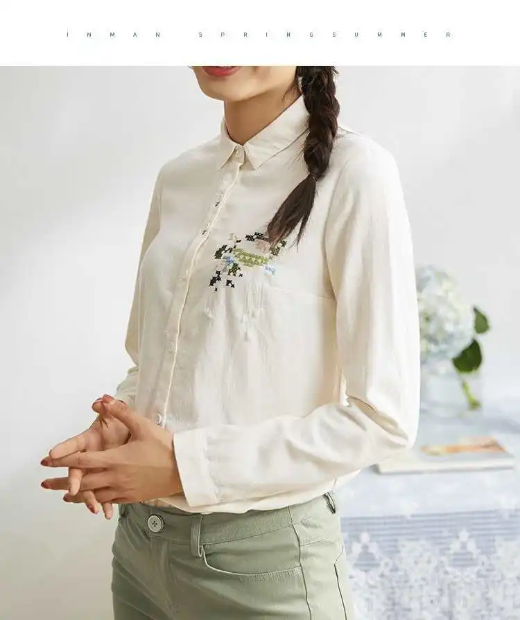 INMAN Женская Осенняя рубашка с длинными рукавами и цветочной вышивкой контрастного цвета