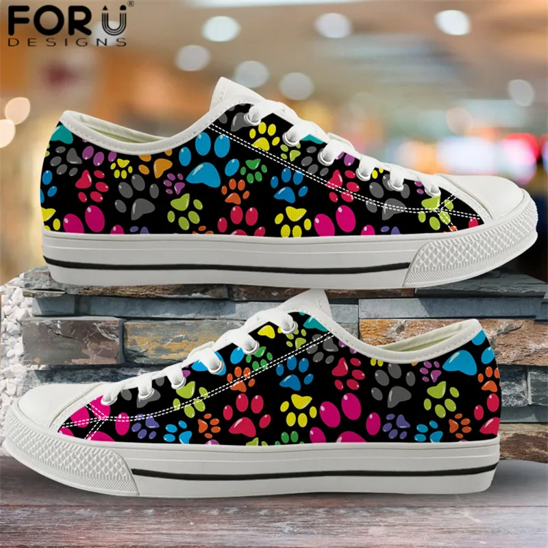 

FORUDESIGNS Lightweight Women Casual Shoes Dog's Paw Print Colorful Vulcanized Shoes Breathable Canvas Walking Flats for Ladies