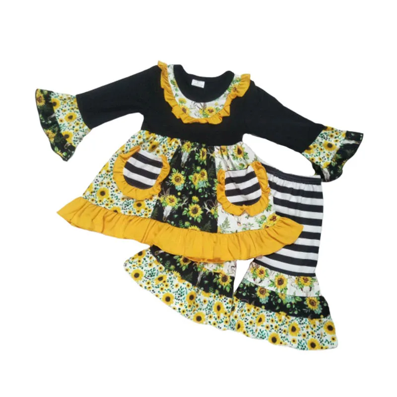 

high quality clothing sets children's boutique clothes baby girl matching sunflower outfit 2 pcs set bell pants