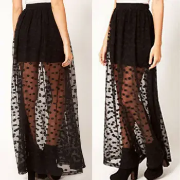 

Hirigin Women Boho Maxi Sheer Skirt Cover Up Retro Polka Dot Long Skirts High Waist See Through Party Summer Beach Sundress