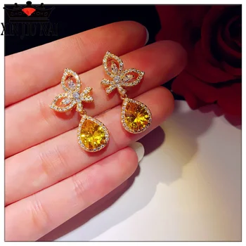 

Luxury Super Shiny Yellow gem Water Drop Wings Female Earring Jewelry 925 fashion Delicate elegant Royal nobility Charms