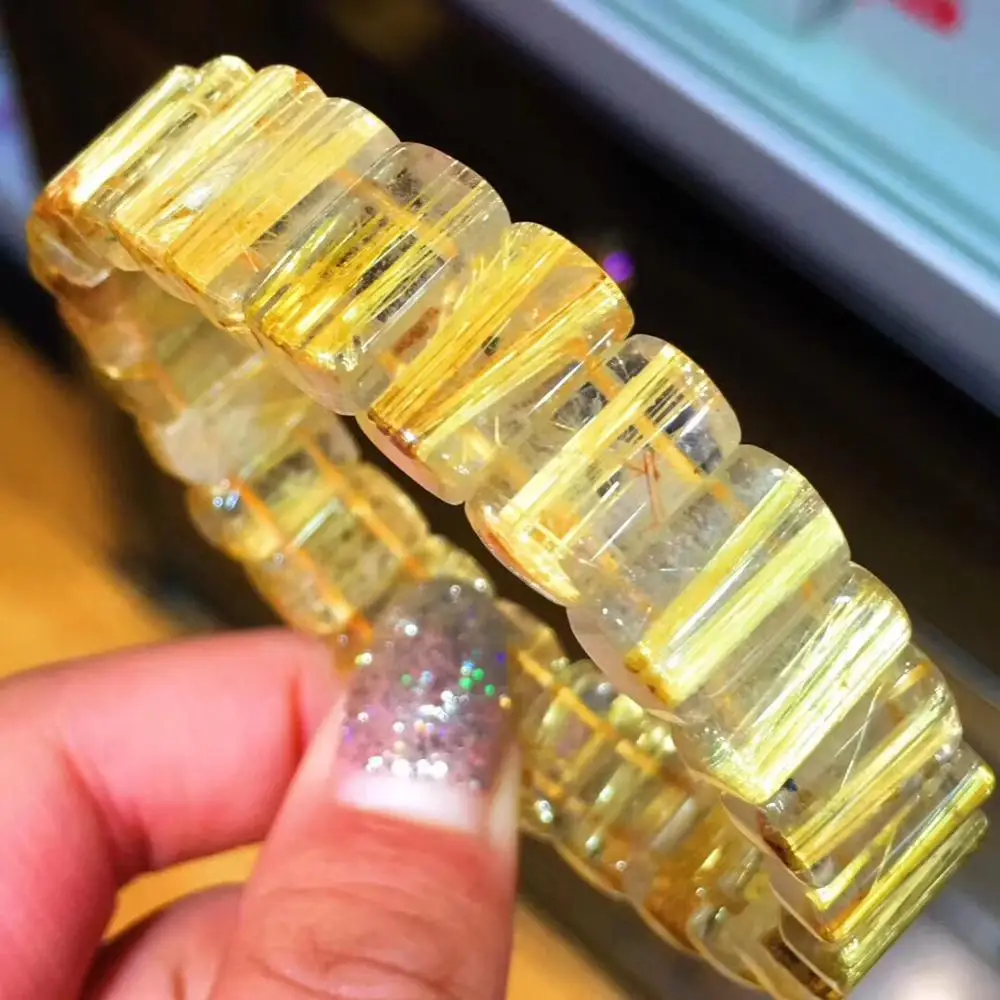

Top Natural Gold Rutilated Bangle Bracelet For Woman Men Crystal 12x7mm Rectangle Beads Business Wealthy Gemstone Jewelry AAAAAA