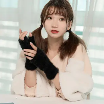 

Women Autumn Winter Gloves Fashion Simple Solid Color Imitation Fur Glove Wool Knit Warm Half Finger Gloves