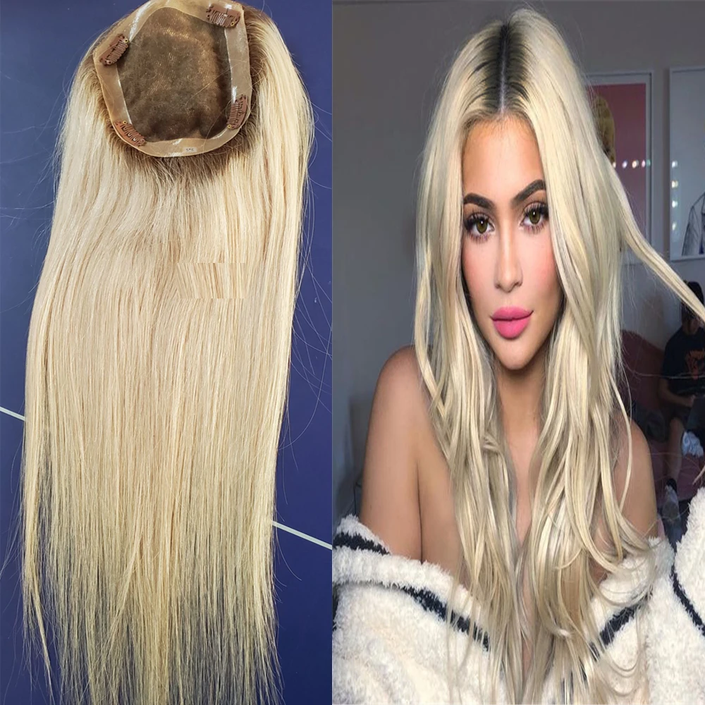 Base de seda Rubio degradado cabello judío Toppers para las mujeres peluca tupé de mujer europeo cabello Remy Mono frente de encaje pieza superior