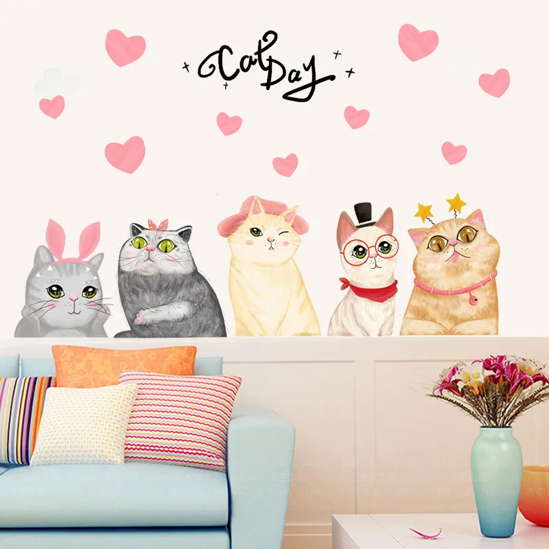 Kawaii стикер на стену с кошкой для спальни гостиной милые животные забавные